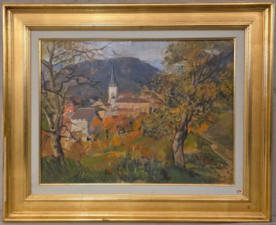 tableau représentant un paysage avec une église au loin et des arbres au premier plan