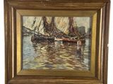 une peinture à l'huile représentant un voilier sur l'eau, avec d'autres bateaux en arrière-plan