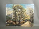 a painting of a country road with trees and a mountain in the background