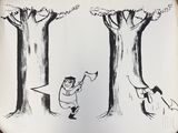 a drawing of two people playing with a frisbee in the woods