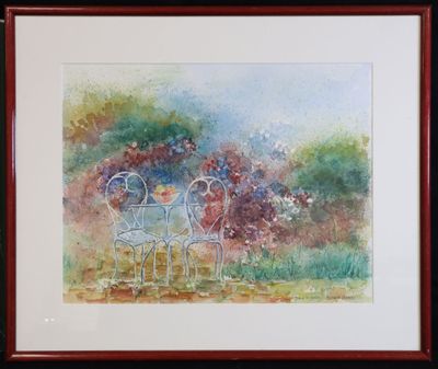 une aquarelle représentant deux chaises et une table dans un jardin