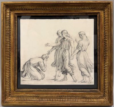 un dessin représentant un homme agenouillé à côté d'une femme en robe