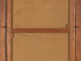 an old wooden frame with a piece of fabric hanging on it