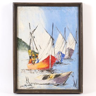 un tableau représentant un groupe de voiliers sur l'eau