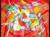 abstract painting of a group of people on a red background