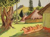 une peinture à l'huile représentant une scène de campagne avec un arbre et une clôture