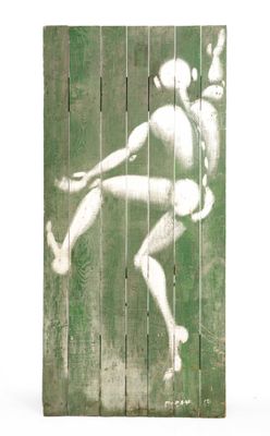 painting of a naked man on a green background on a wooden panel