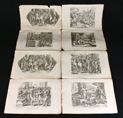 six gravures anciennes illustrant la vie de Jésus, notamment la vie de Jésus et la mort de Jésus