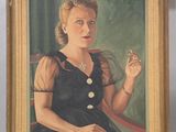 painting of a woman in a black dress smoking a cigarette
