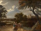 une image représentant un tableau où l'on voit un couple et un enfant dans un paysage boisé