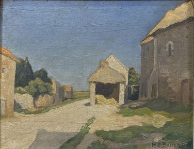 une peinture à l'huile représentant une grange et une route dans un décor champêtre