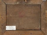 an old picture of a wooden frame with a sign on it