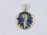 a close up of a gold and blue pendant on a white surface