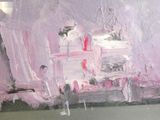 a painting of a pink truck on display in a museum
