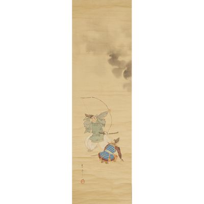 an oriental painting of a man riding a horse with a bird on his back