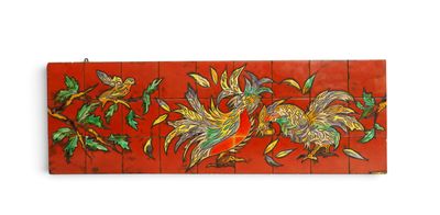 a picture of a red tile with birds on it