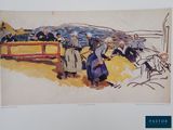 un tableau représentant un groupe de personnes assises sur un banc
