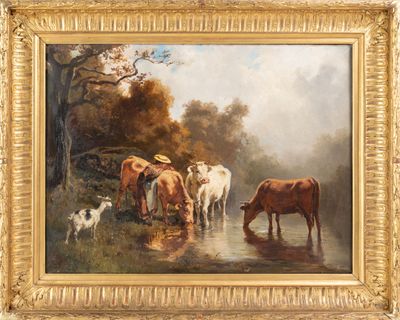 un tableau représentant des vaches en train de boire l'eau d'un ruisseau