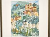 framed watercolor painting of a castle on a hill with trees in the foreground