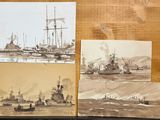trois photos de bateaux posées sur une table, à côté d'un clavier
