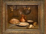 painting of a still life with bread, eggs, and a copper jug