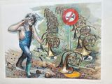 a painting of a man with a horn and a no horn sign