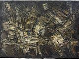 une peinture abstraite représentant un paysage urbain en noir et or