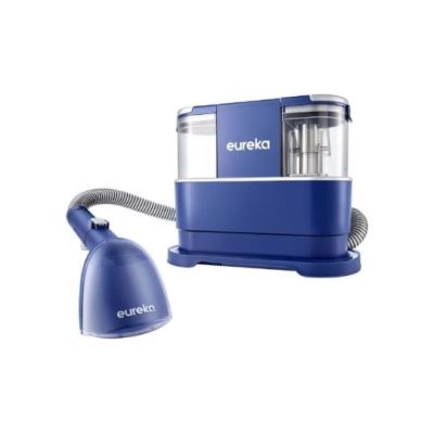 an image of a blue and silver vacuum cleaner with a light on it