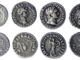 six ancient roman coins with heads of men and women on them