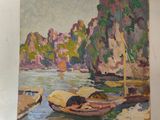 an oil painting of a boat docked at a dock in a harbor