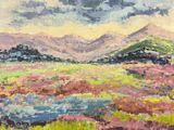 an oil painting of a field with mountains in the background