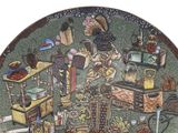 a decorative plate with a picture of a kitchen scene on it