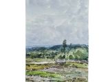 watercolor painting of a field with a lone tree in the distance