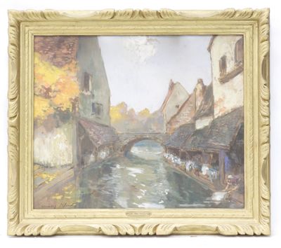 une image représentant un tableau où l'on voit une rivière traverser une ville