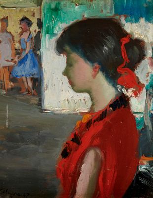 tableau représentant une femme en robe rouge debout devant un tableau