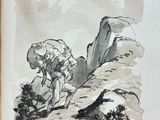 a picture of a book with a drawing of a man climbing a mountain