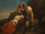 an old painting of a man and a woman in a rocky landscape