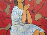 painting of a woman in a blue dress sitting on a red couch