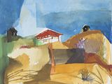 une image représentant une aquarelle d'une maison sur une colline