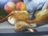a painting of a bird and a dog on a ledge