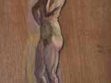 an oil painting of a woman standing in front of a brown wall