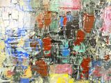 une peinture abstraite représentant un paysage urbain aux couleurs variées