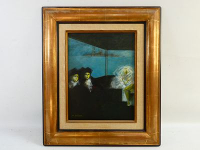 framed painting of two people in a room with a blue background