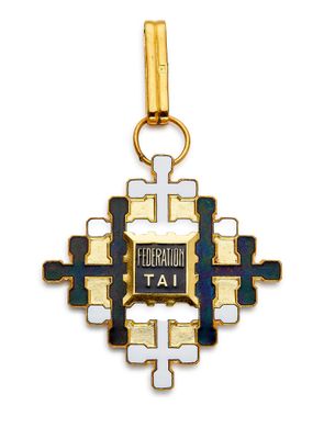 a gold and enamel cross pendant with a blue and white enamel cross