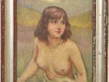 une peinture à l'huile représentant une femme nue assise dans un champ