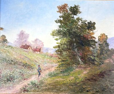painting of a man walking down a dirt road in the country