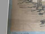drawing of a man standing on a beach holding a surfboard