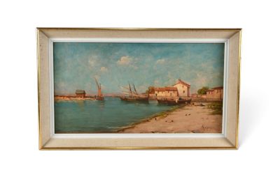une image d'une peinture représentant une scène de plage avec un bateau dans l'eau