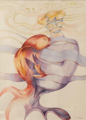 un tableau représentant une femme tenant un poisson dans ses bras