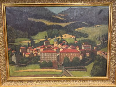 une peinture à l'huile représentant une petite ville située dans une région montagneuse
